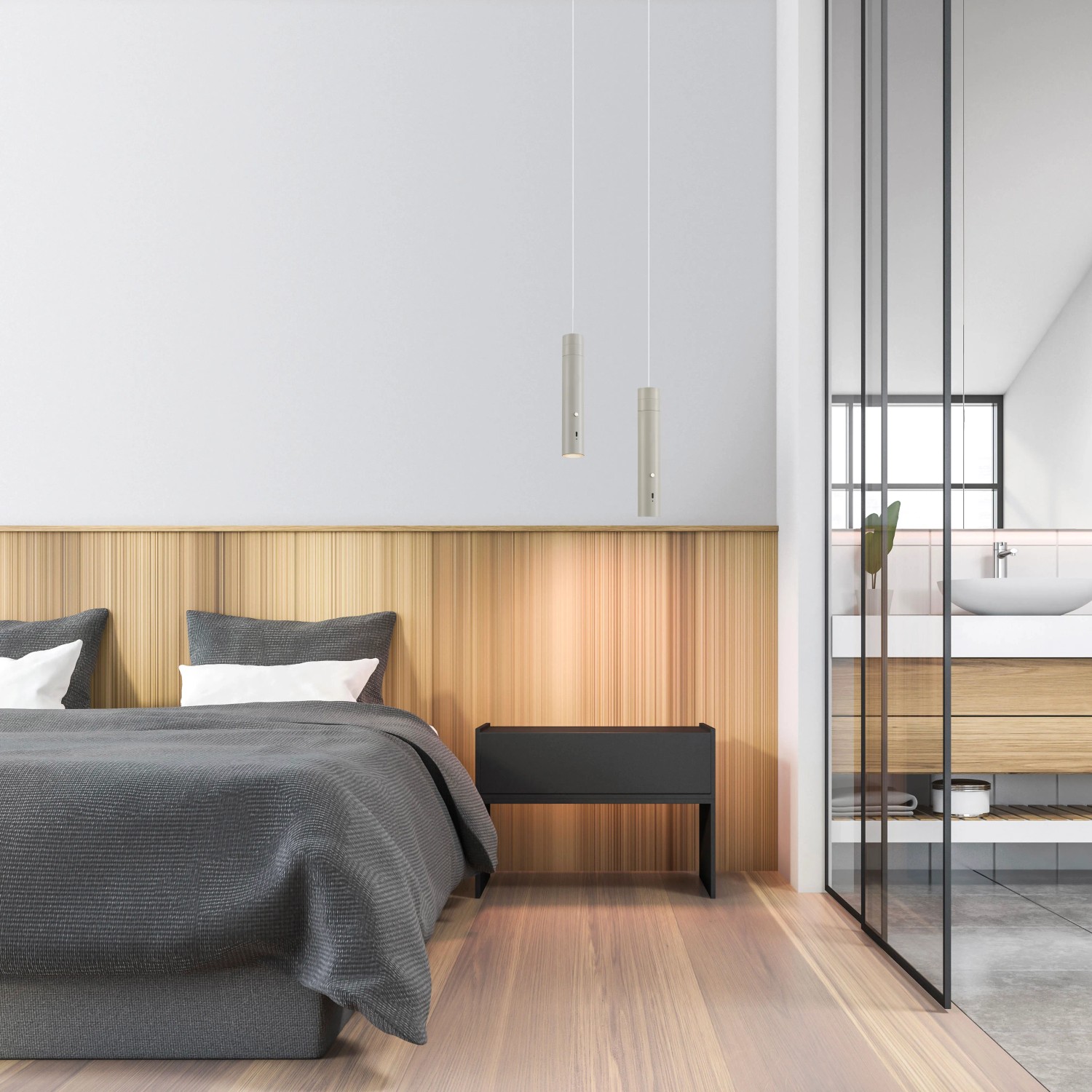 Just Light LED-Akku-Pendelleuchte Attach Greige (120 cm) über einem Bett im Schlafzimmer.