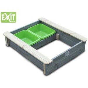 Exit Sandkasten Aksent, 94x77 cm, grau, mit 2 grünen Behältern und Holzabdeckung.