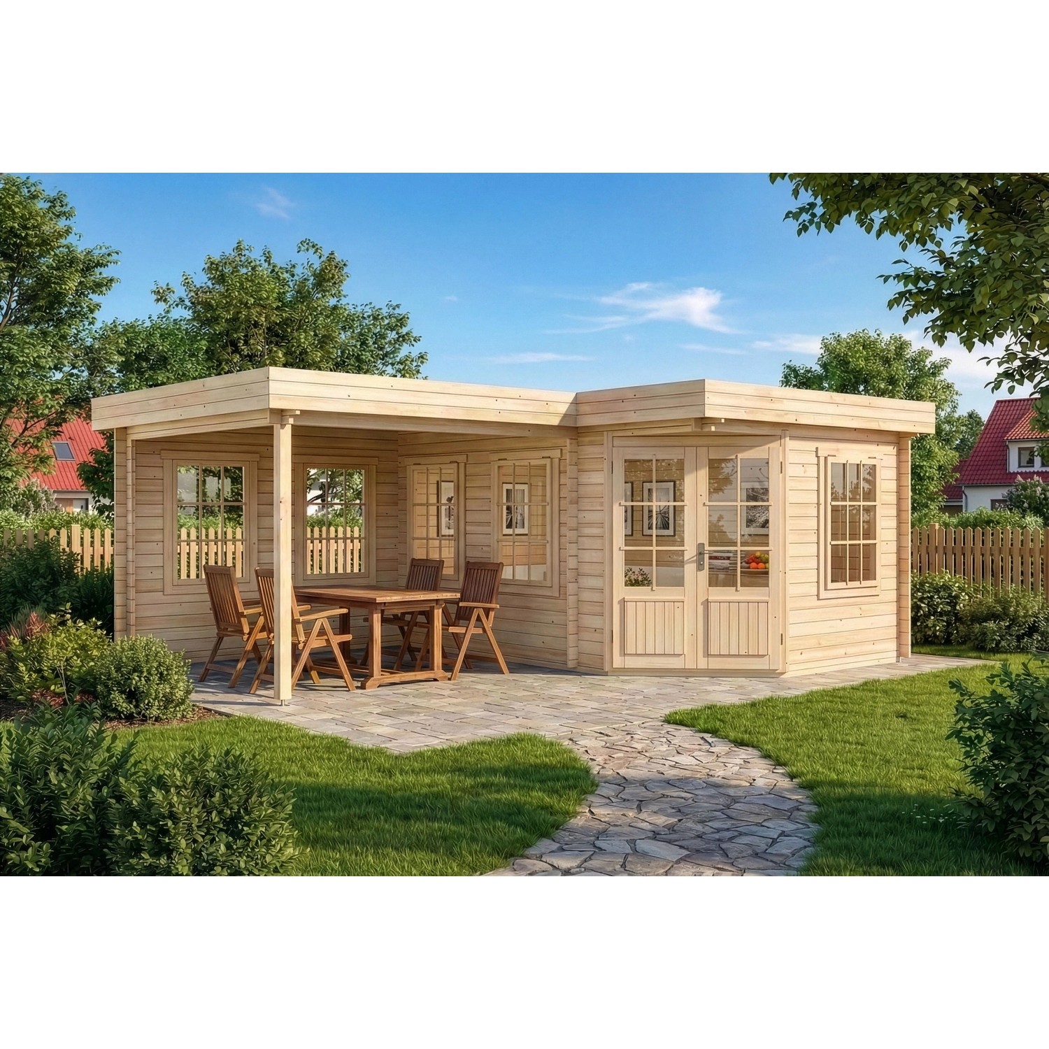 Alpholz 5-Eck Gartenhaus Pepe Flachdach Unbehandelt 422 cm x 274 cm