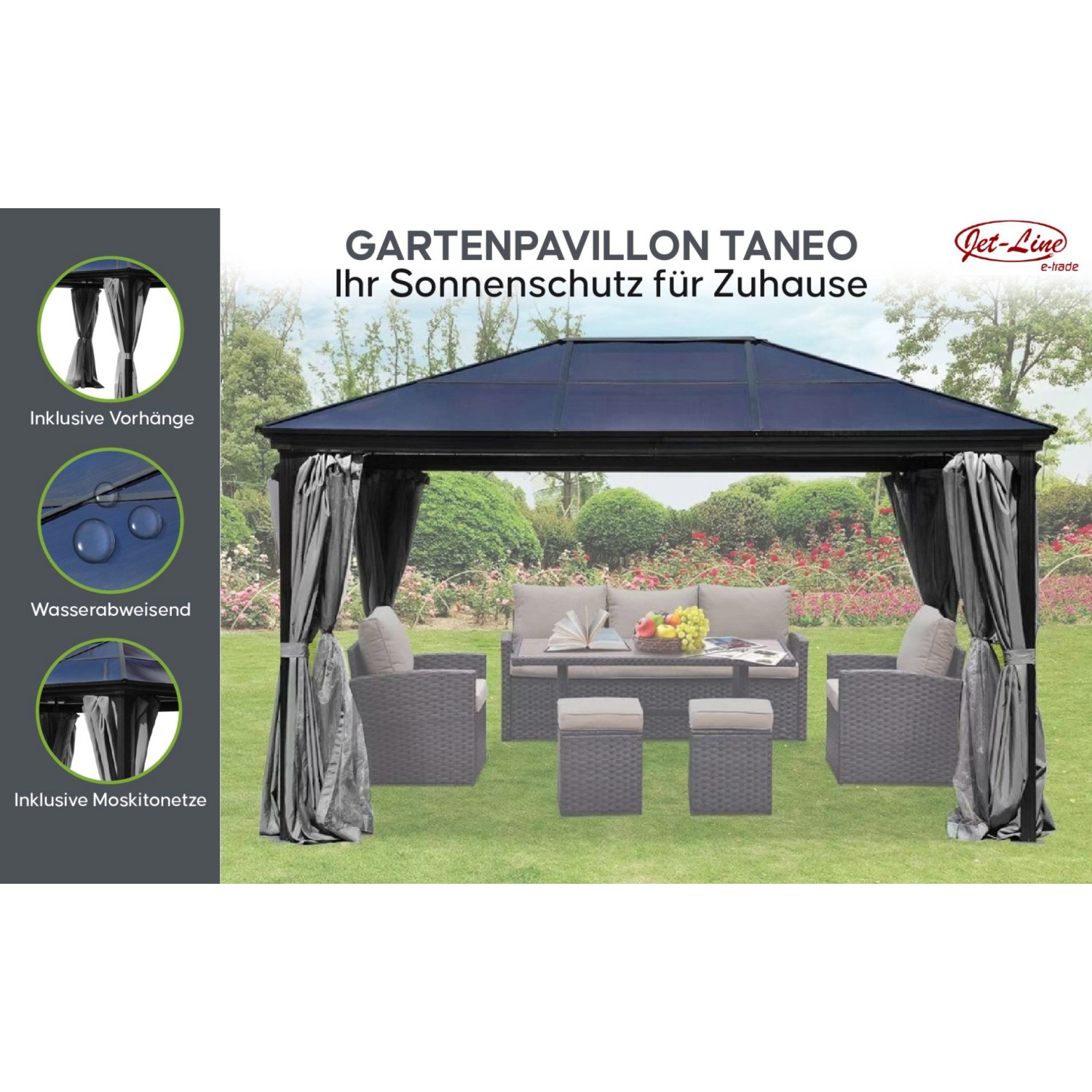 Anthrazitfarbener Jet-Line Gartenpavillon Taneo 3x4m mit festem Dach, Vorhängen und Moskitonetz.