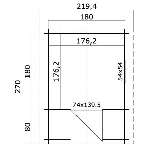 Grundriss des Lasita Maja Kinderspielhauses Pinocchio Natur, 180x180 cm, mit Maßangaben.