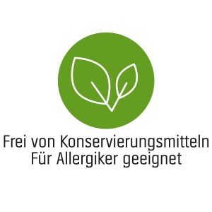 Symbol: Wandfarbe Arcticweiss ohne Konservierungsstoffe, für Allergiker geeignet.