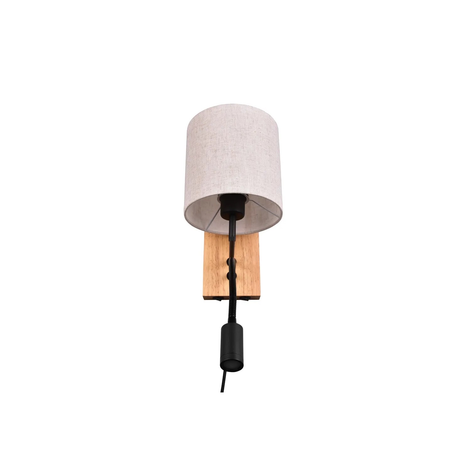 Trio LED-Wandleuchte Nilam mit Stoffschirm, Holz-Base und Lesearm.