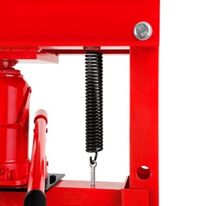 Detailaufnahme der roten EBERTH Werkstattpresse (30T) mit Feder und Hydraulikzylinder.