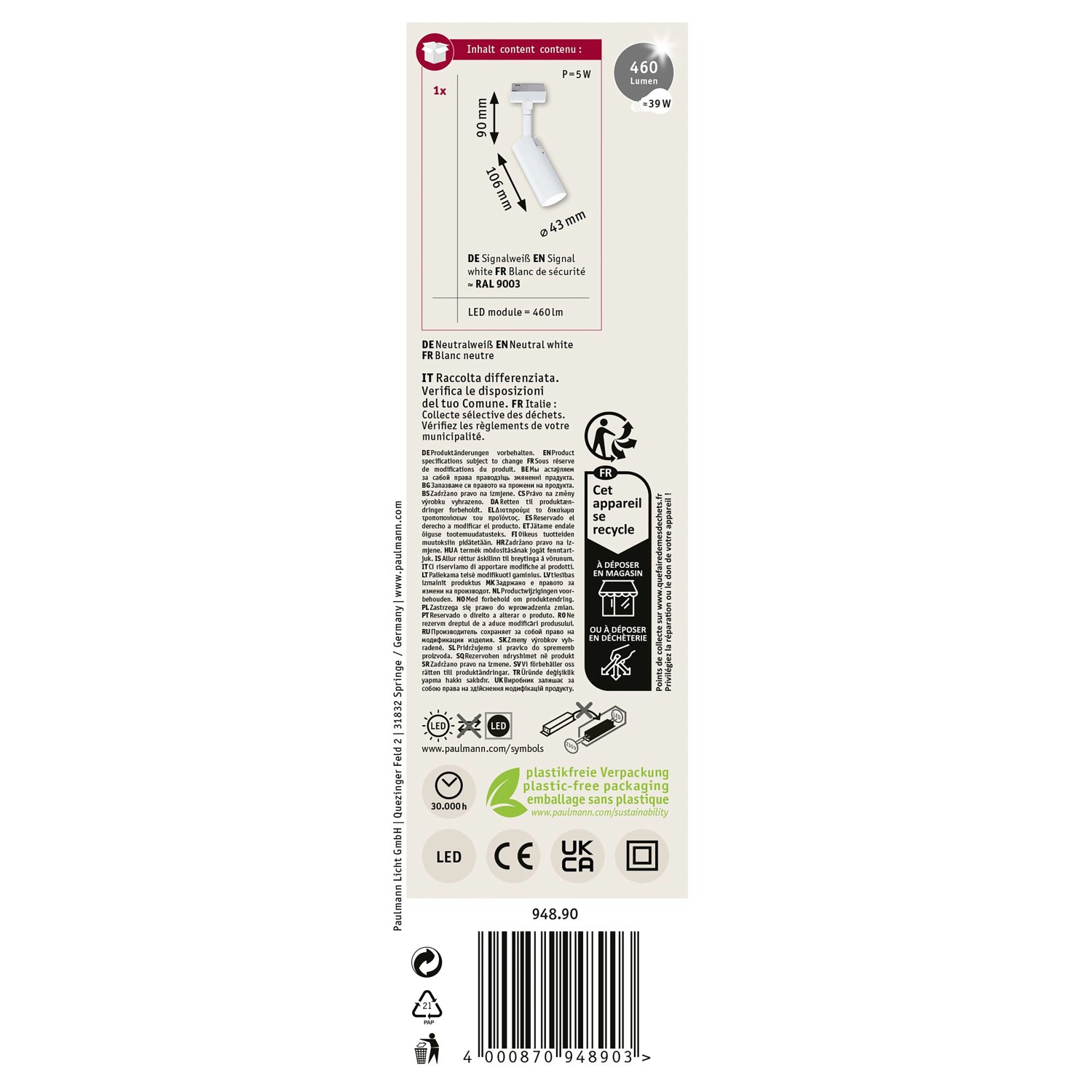 Verpackung Paulmann URail LED-Schienenspot Tubo, signalweiß, neutralweiß, 4,3 cm Durchmesser.