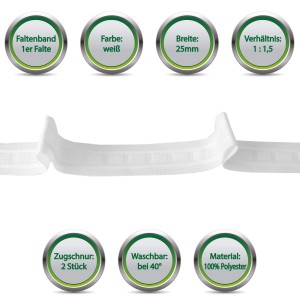 Bestgoodies Gardinenband, Faltenband 25mm, weiß, 10m. Ideal für Fenstervorhänge.