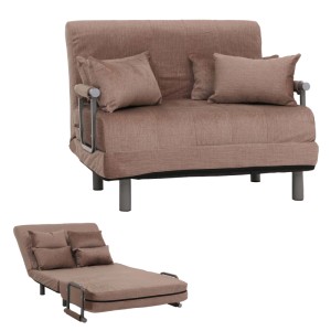 Brauner MCW Schlafsessel K29 aus Chenille-Stoff, als Sofa und Liege dargestellt.
