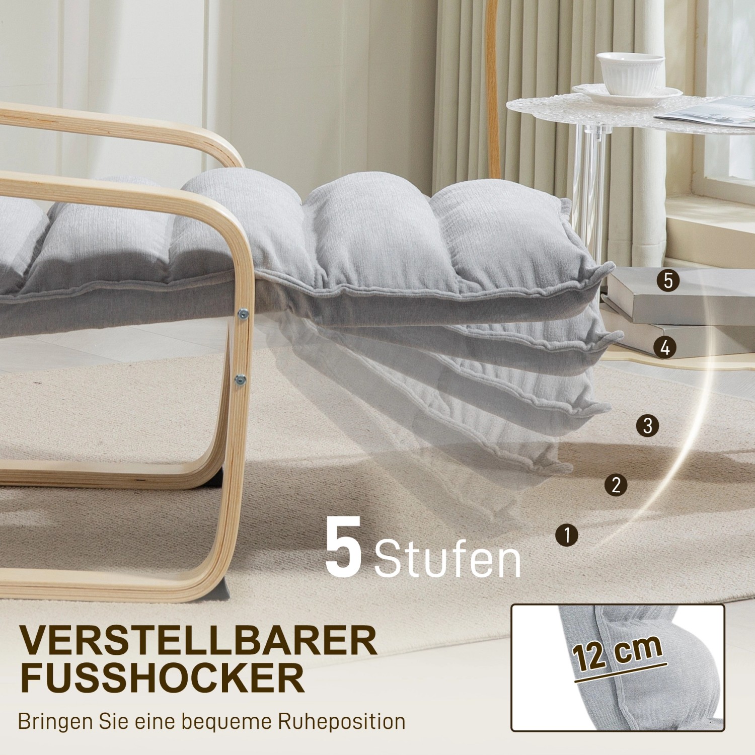 Hellgrauer HOMCOM Relaxsessel mit verstellbarer Fußstütze in 5 Stufen. Loungesessel mit Holzrahmen und Polster.