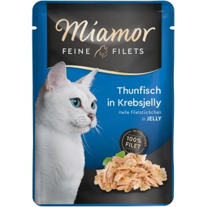 Miamor Katzen-Nassfutter Thunfisch in Krebsjelly, 100g Portionsbeutel mit weißer Katze.
