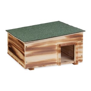Braunes Igelhaus aus geflammtem Tannenholz mit grünem Dach und Eingang, ideal als Winterquartier für Igel.