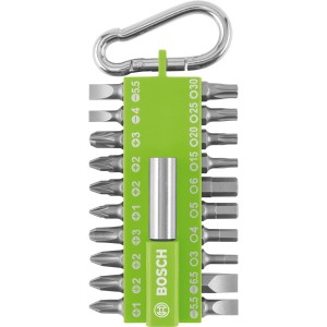 Bosch Bit-Set Snaphook, hellgrün, 21-teilig mit verschiedenen Schrauberbits und Bithalter.