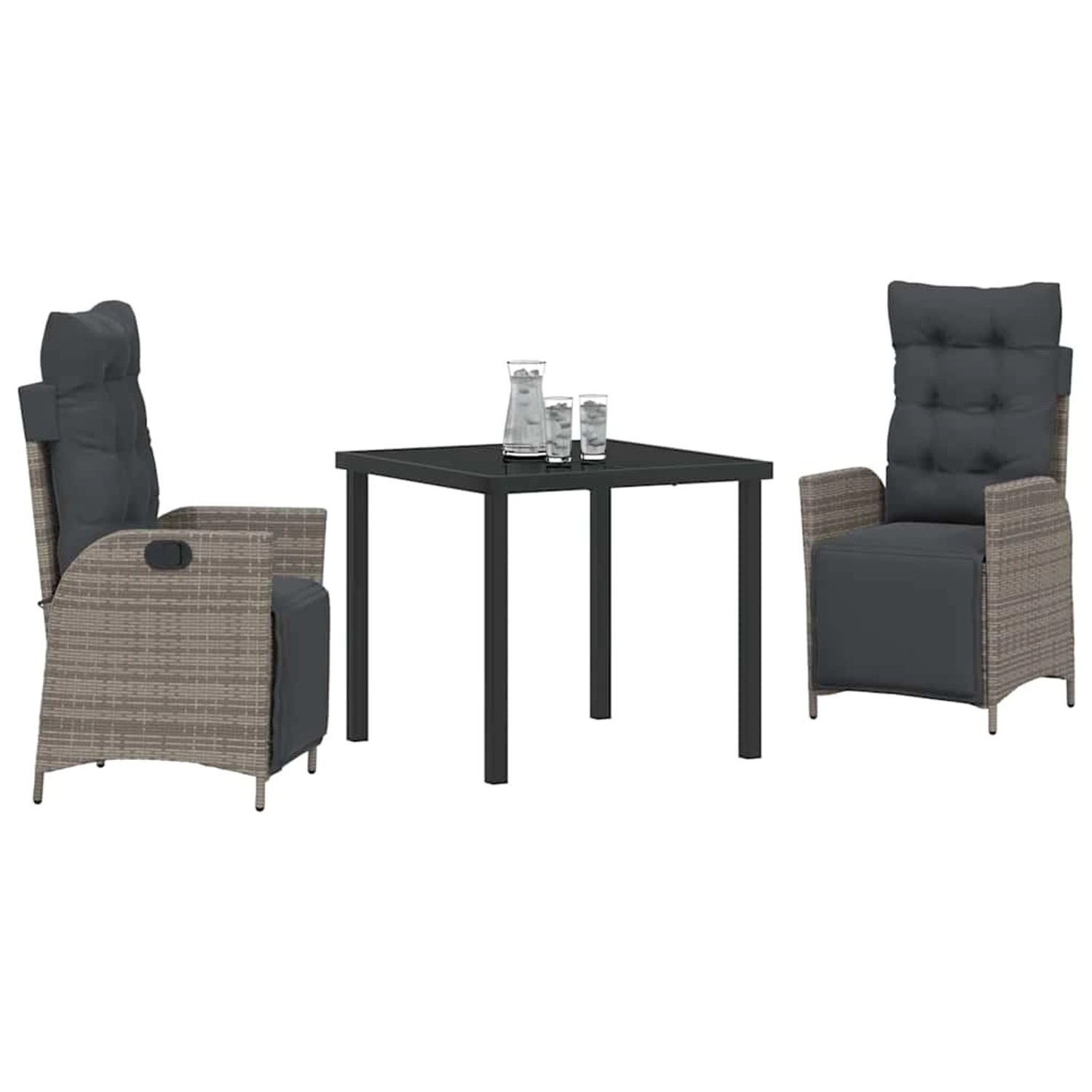 Graue 3-tlg. vidaXL Garten Essgruppe aus Poly Rattan mit Tisch und 2 Stühlen.