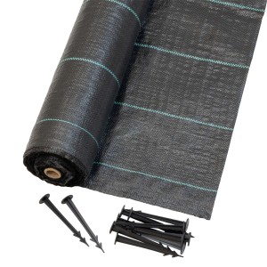 Schwarzes Jardinion Unkrautvlies 25m mit Erdankern, Rolle und Detailansicht der Textur.