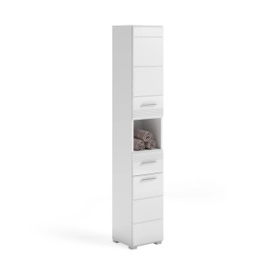 Weißer, zweitüriger OBI Bad-Hochschrank Linus mit Hochglanzfront und Handtüchern.