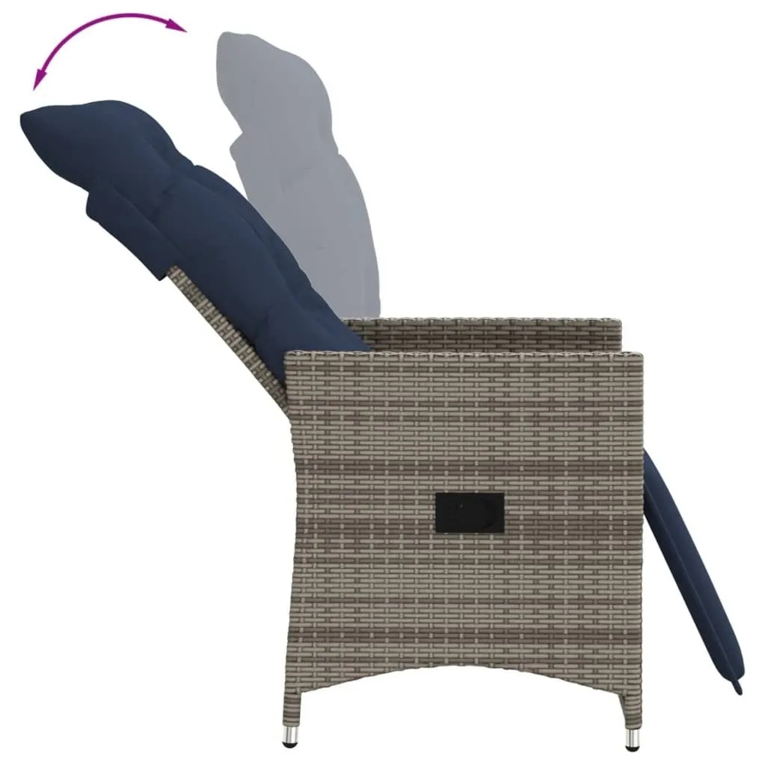 Grauer Poly Rattan Gartensessel mit marineblauen Kissen, Rückenlehne und Fußstütze in verstellbarer Liegeposition.