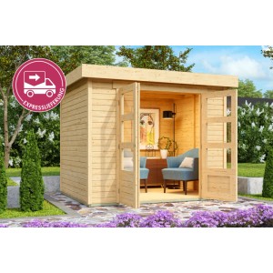 Karibu Holz-Gartenhaus Speedy B naturbelassen, mit Flachdach und offener Doppeltür, gemütlich eingerichtet im Garten.