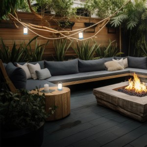 Blaue Brilo Akku-LED-Tischleuchte im Gartenambiente mit Feuerstelle und Lounge-Möbeln.