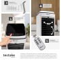 Weißes Tectake Notos mobiles Klimagerät mit Touch-Display, 70° drehbaren Lamellen, Fernbedienung und Wandmontagezubehör.