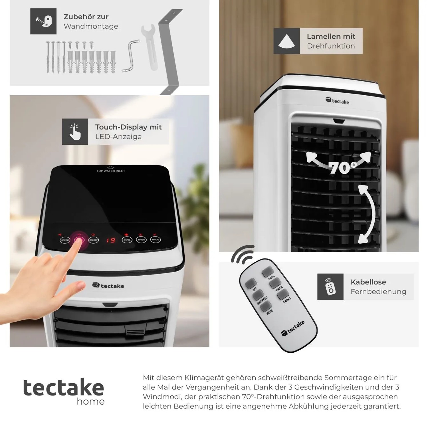 Weißes Tectake Notos mobiles Klimagerät mit Touch-Display, 70° drehbaren Lamellen, Fernbedienung und Wandmontagezubehör.