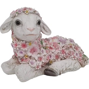 Liegendes Deko-Blumenschaf, klein, 16,5 cm, aus Polyresin für die Gartendekoration.