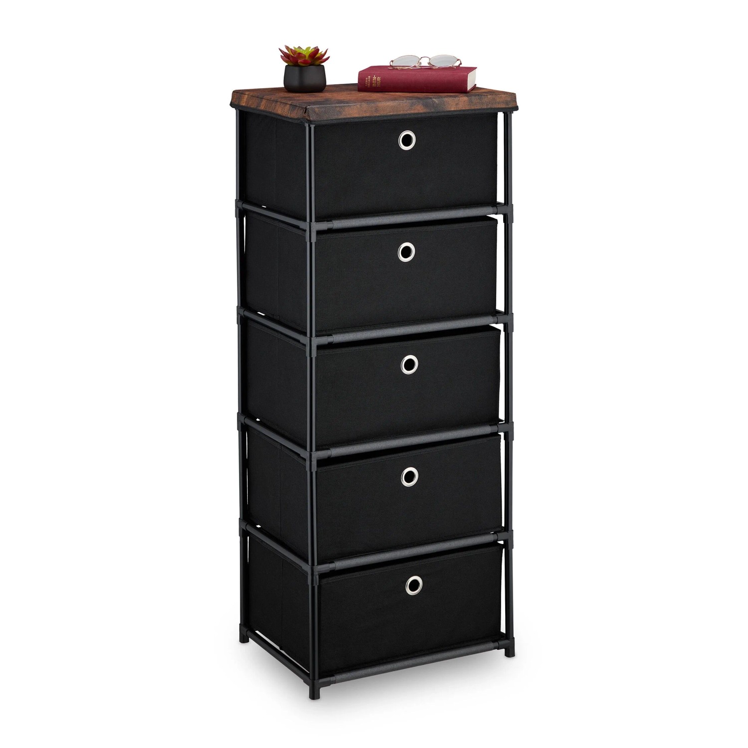 Relaxdays Kommode Stahl Schwarz mit Stoffschubladen 5 Fächer 105 cm x 43 cm x 33 cm