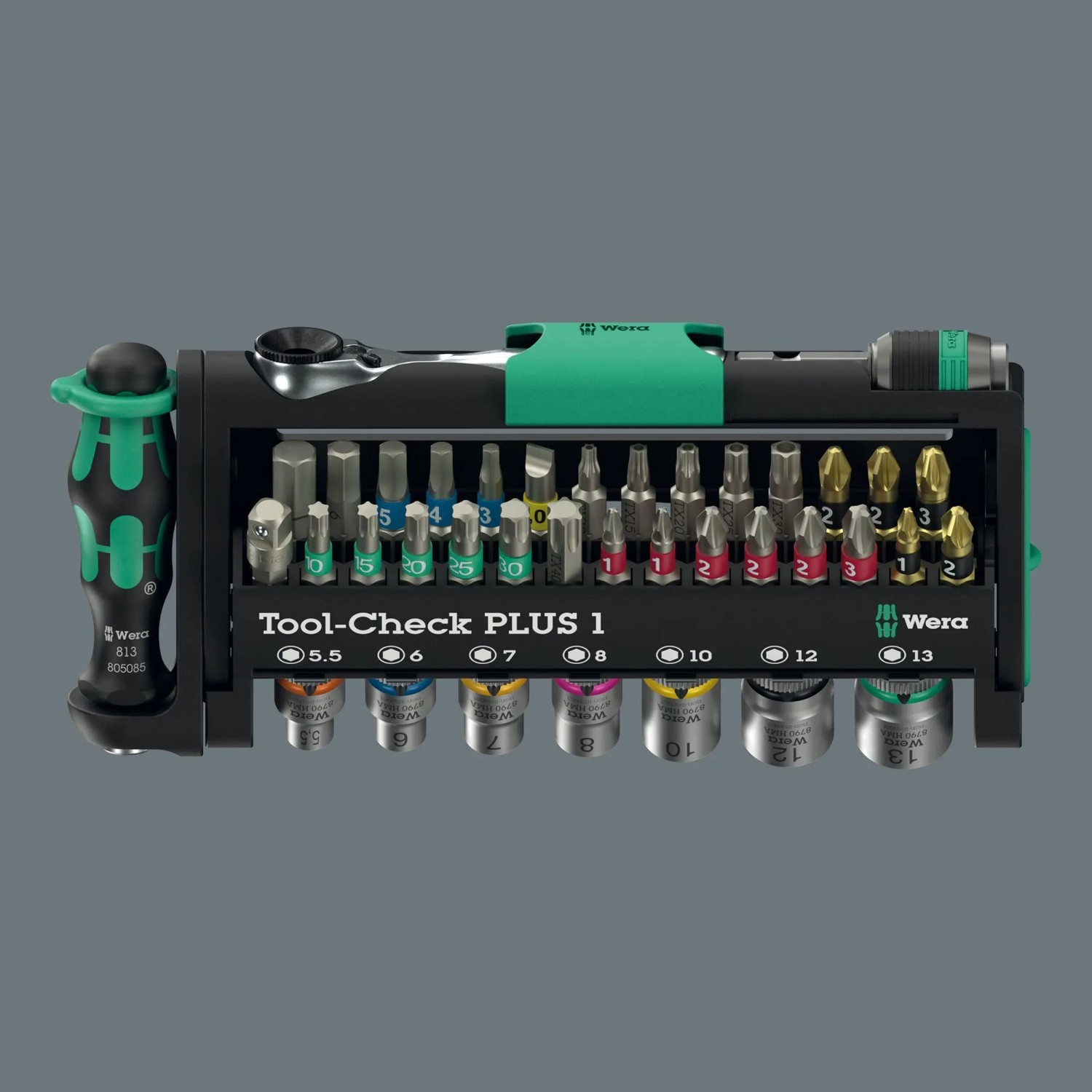 Wera Tool-Check Combi 1, 40-teiliges Werkzeugset mit Bits, Nüssen, Ratsche und Handhalter in kompakter Box.