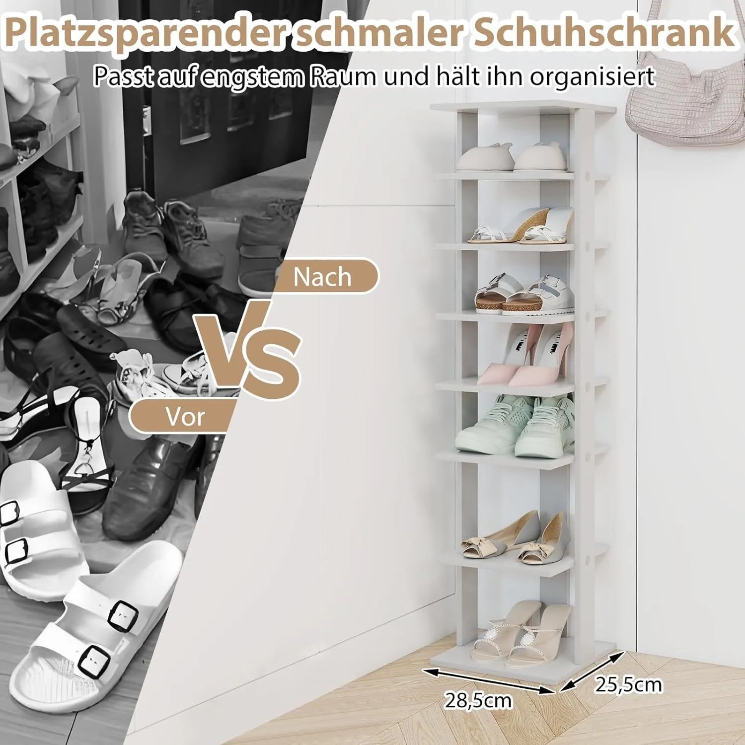 Schmales, graues Costway 8-stufiges Schuhregal aus Holz, das Schuhe platzsparend in einer Ecke organisiert. Ideal für kleine Räume.
