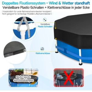 Sekey Poolabdeckung, rund, blau/schwarz, mit Klett und Schnallen für sicheren Halt.