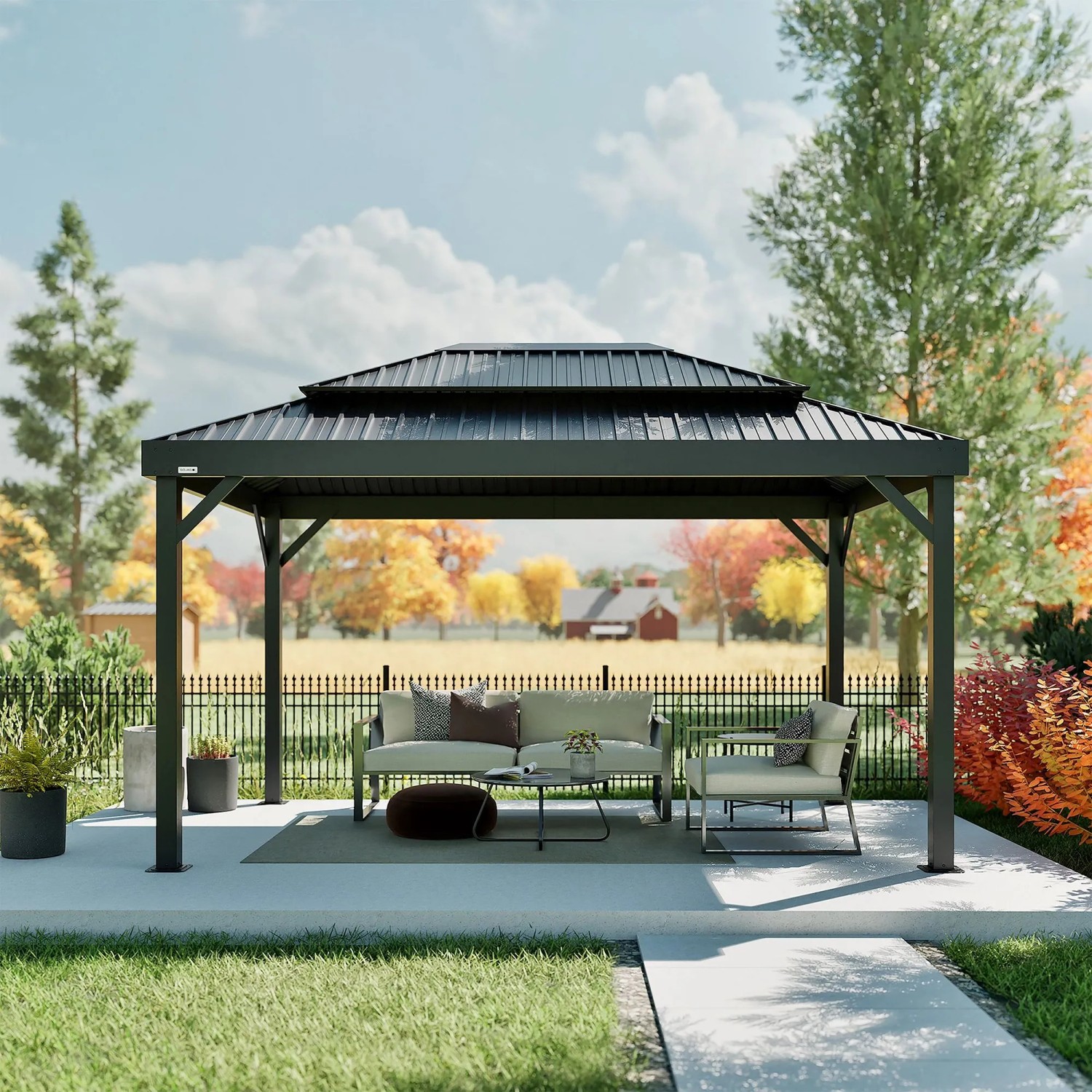 Schwarzer Sojag Pavillon London 424x299x310 cm mit Doppeldach und Sitzgruppe im Garten.
