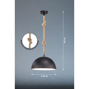 Schwarze Fischer & Honsel Pendelleuchte mit Hanfseilaufhängung und weißer Innenseite.
