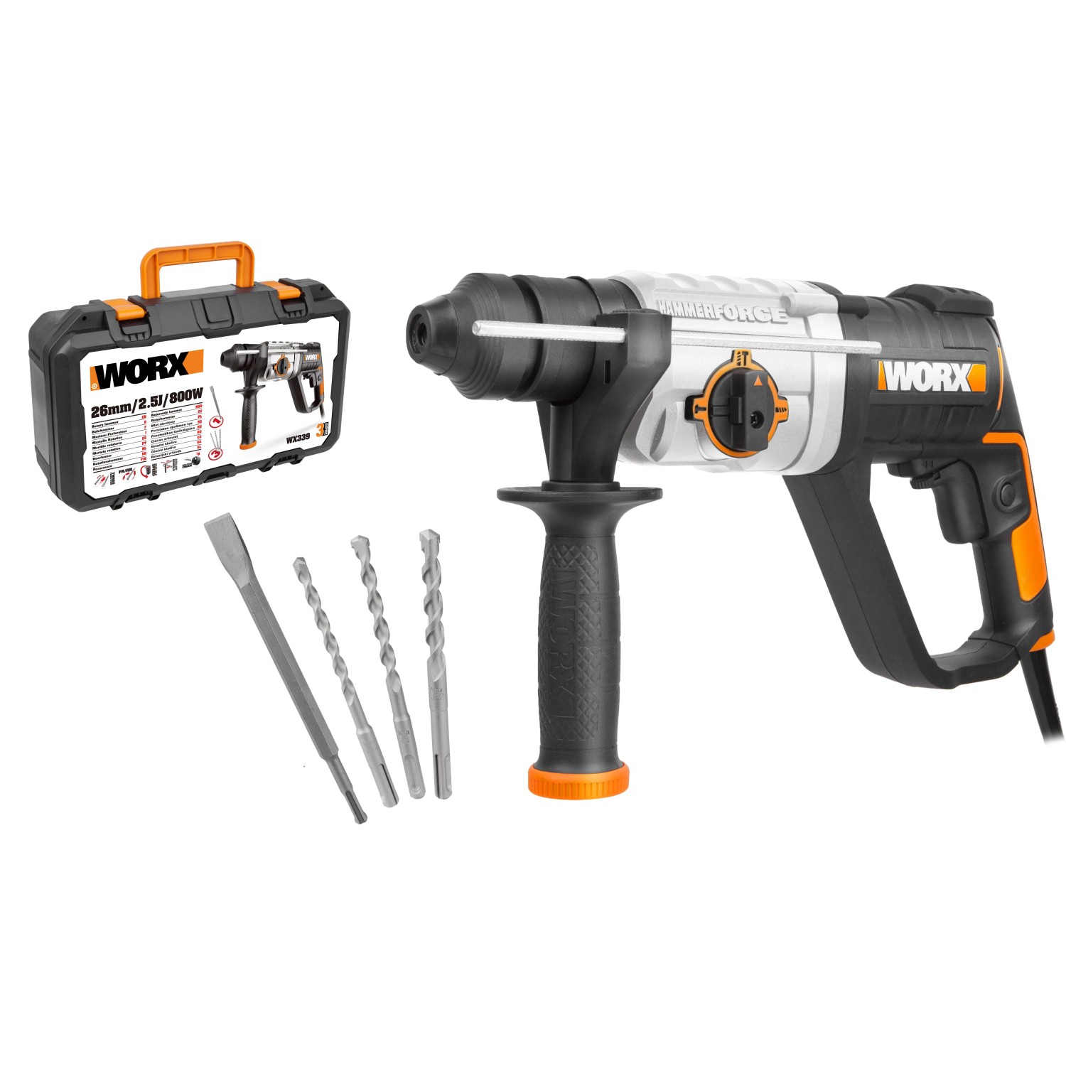 Worx 800 W Bohrhammer WX339 mit Zubehör und Koffer.