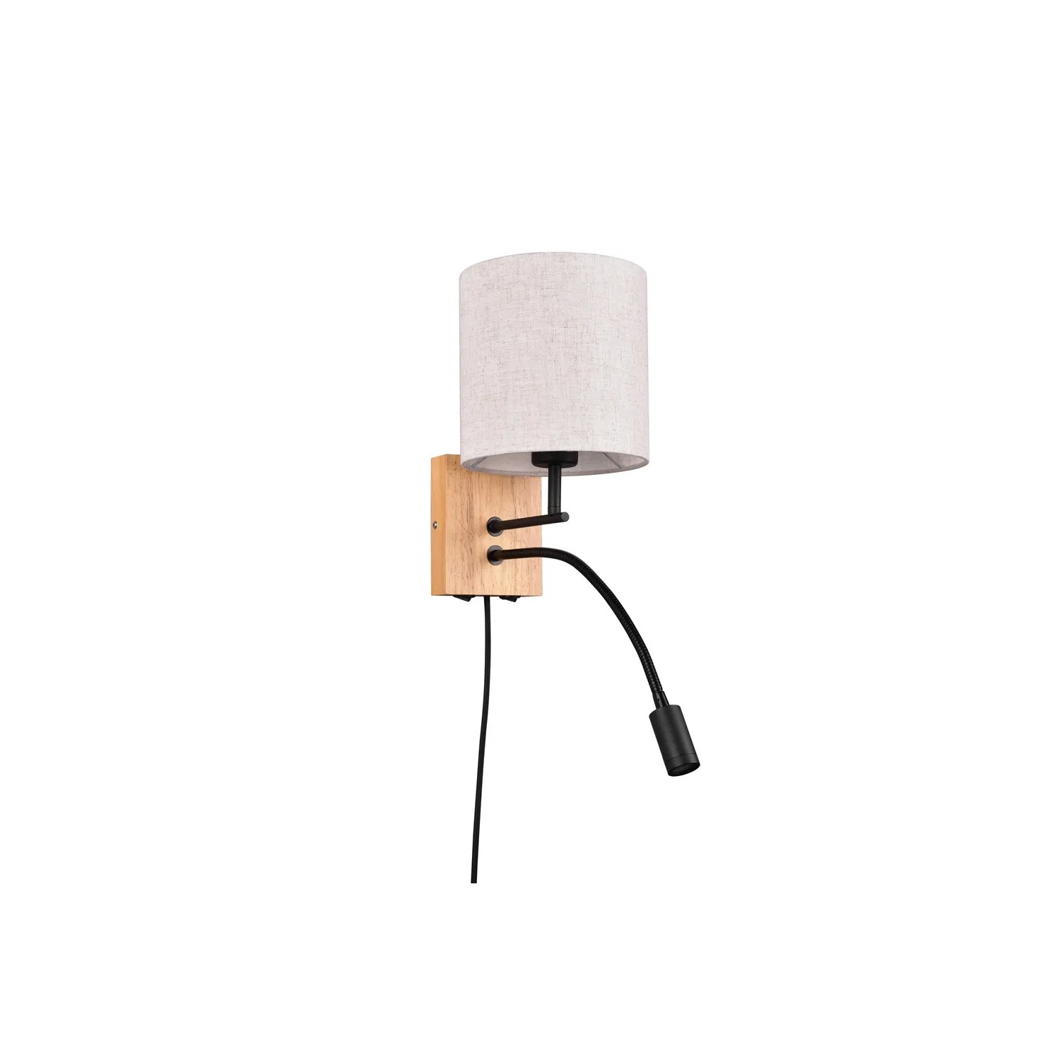 Moderne Trio LED-Wandleuchte Nilam mit Lesearm, Holz- und Stoffdetails. Ideal als Wandlampe im Schlafzimmer.