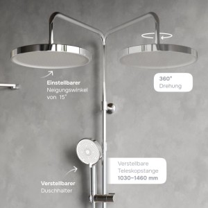 Chrom Duschsystem mit Regendusche, Handbrause und verstellbarer Teleskopstange. Neigungswinkel und 360° Drehung.