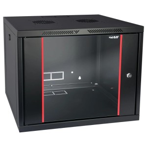Schwarzer HMF Serverschrank/Netzwerkschrank, 9HE, 19 Zoll, mit Glastür und Lüftungsschlitzen.