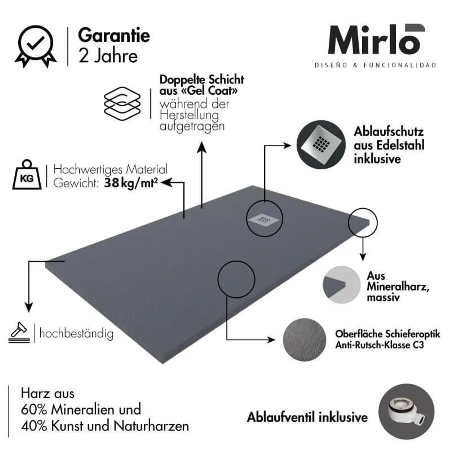 Mirlo Mineralguss Duschwanne Extra Flach Pure  Weiß Ablaufschutz Chrom Ablaufschutz Chrom 100x160cm_5