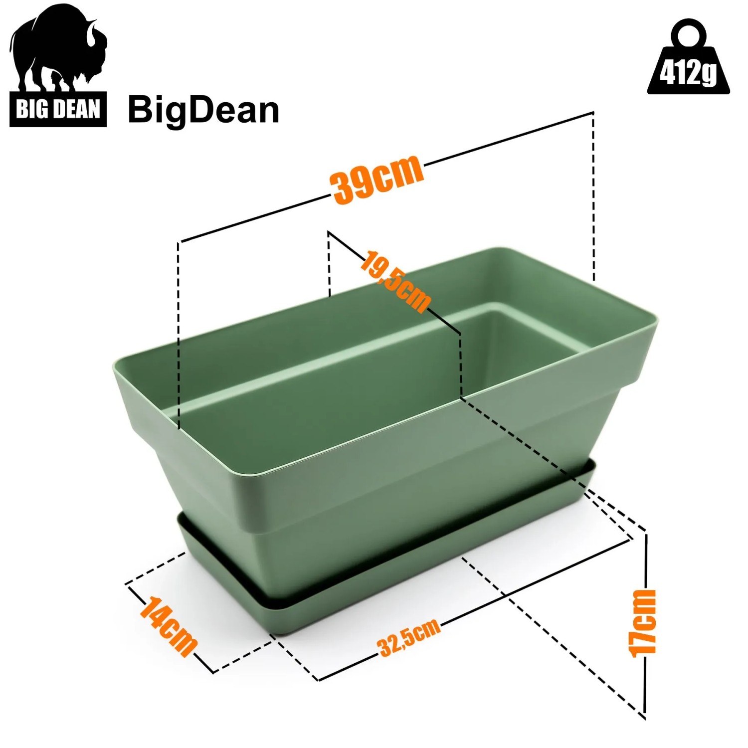 BigDean 3er Set Blumenkästen, olivgrün, 40 cm, mit Untersetzer, für Balkon und Innenbereich.