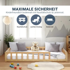 Homestyle4u Kinderbett Natur 120x200 mit Rausfallschutz, Lattenrost und Matratze.