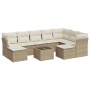 Beige 10-tlg. Garten-Sofagarnitur aus Polyrattan mit Kissen und Tisch.