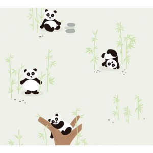 Grüne Vliestapete mit Panda-Motiven für das Kinderzimmer.