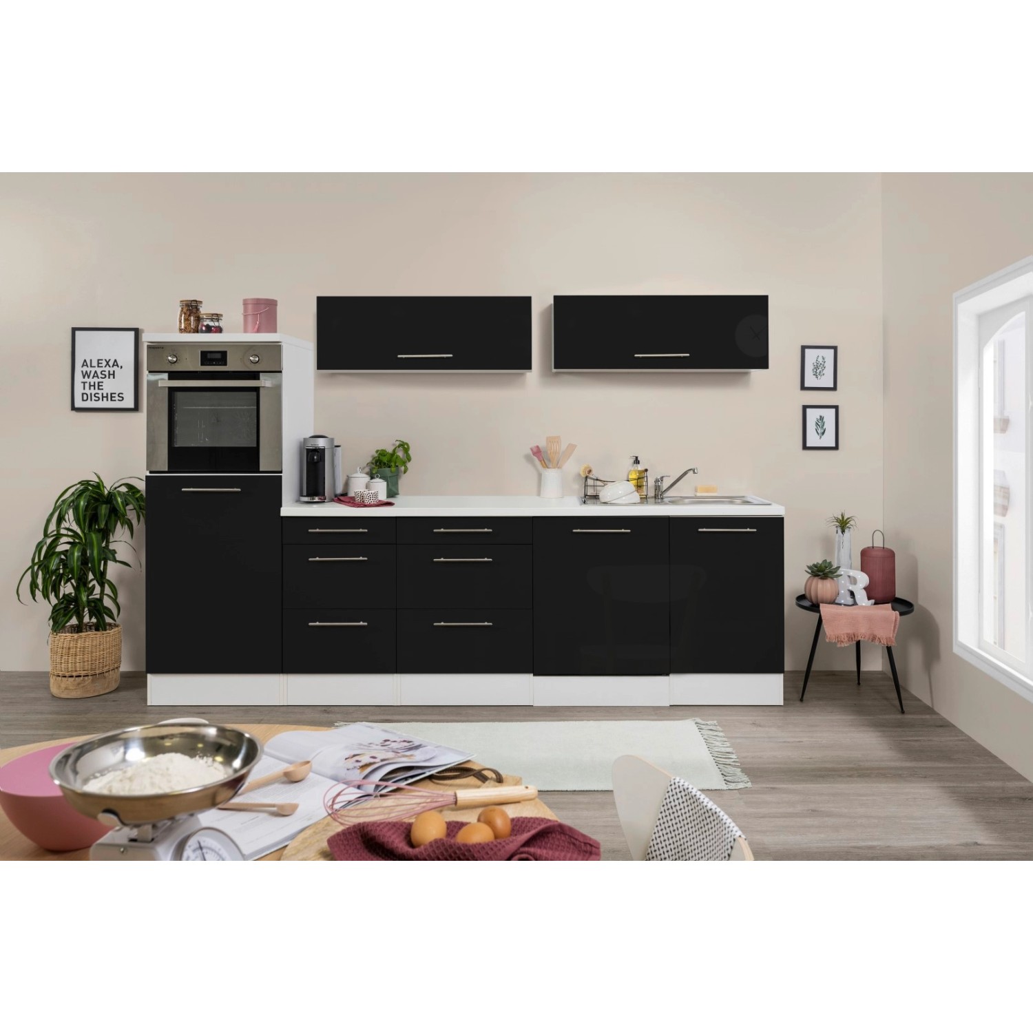 Respekta Premium Inselküche, 280 cm, Schwarz/Weiß Hochglanz, mit E-Geräten.