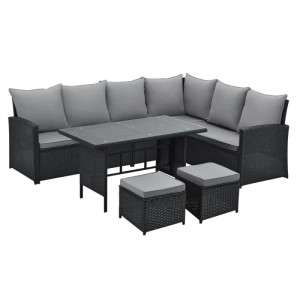Svita Monroe Garten-Lounge Set aus schwarzem Polyrattan mit Ecksofa, Tisch mit Glasplatte und zwei Hockern, graue Kissen.