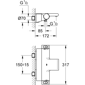 Technische Zeichnung der Grohe Grohtherm 2000 Thermostat-Wannenarmatur mit Maßen.
