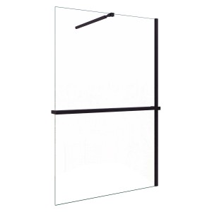 Schwarze AICA Walk In Duschwand 90x200cm mit Regal und Handtuchhalter.