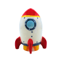 Bunte Keramik Raketenspardose für Kinder. Weiße Rakete mit roter Spitze, blauer Luke und gelbem Band. Geschenkartikel.