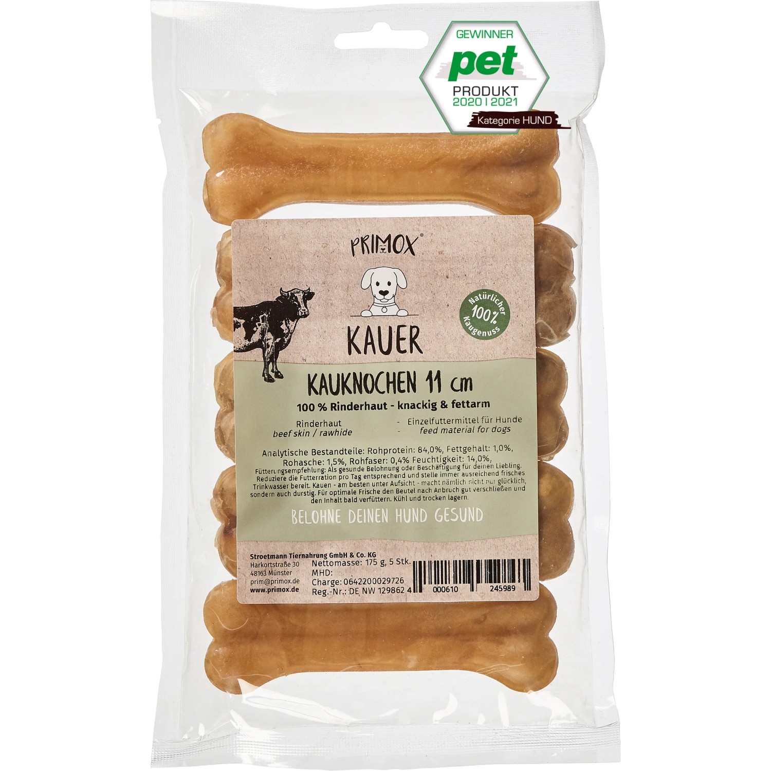 Primox Kauknochen, 11cm, 5 Stück. Hunde-Snack aus Rinderhaut im transparenten Beutel.