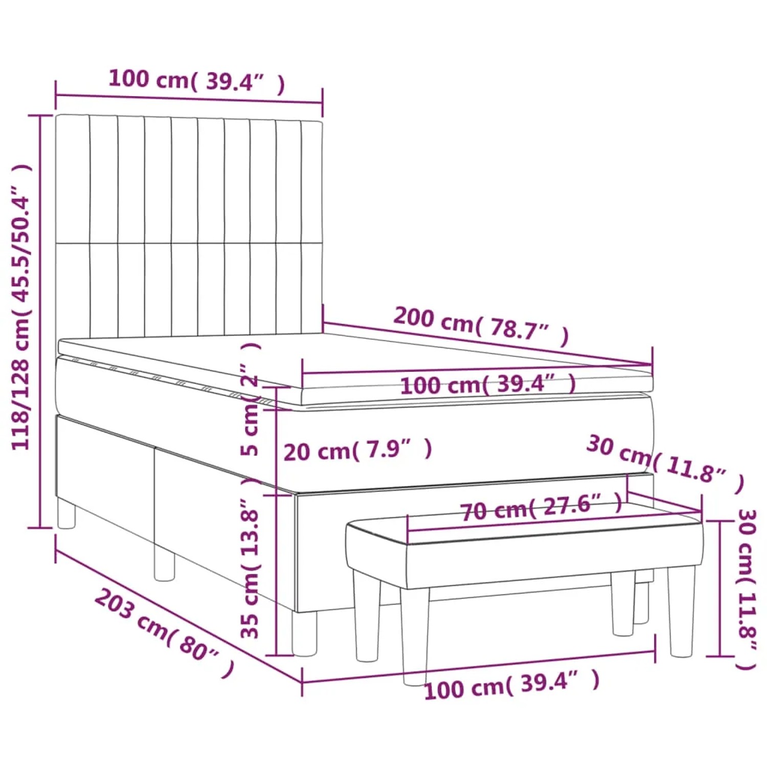 Blaues Boxspringbett 100x200 cm mit Matratze und Bank, Stoffbezug.