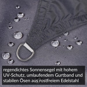 Detailaufnahme: Anthrazitfarbenes, regendichtes Sonnensegel mit Edelstahlöse und Wassertropfen.
