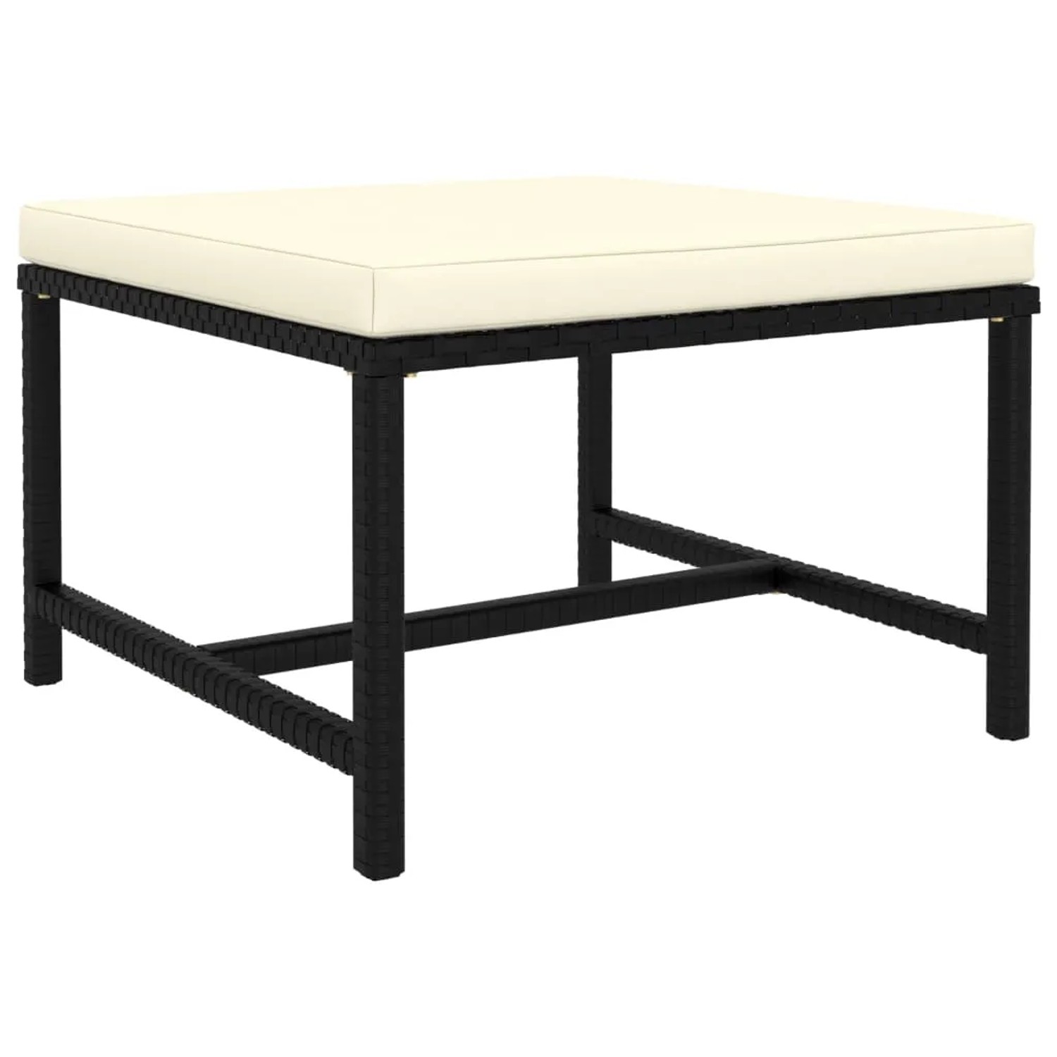 Fußhocker des vidaXL Garten-Lounge-Sets, schwarzes Poly Rattan mit cremeweißem Kissen.
