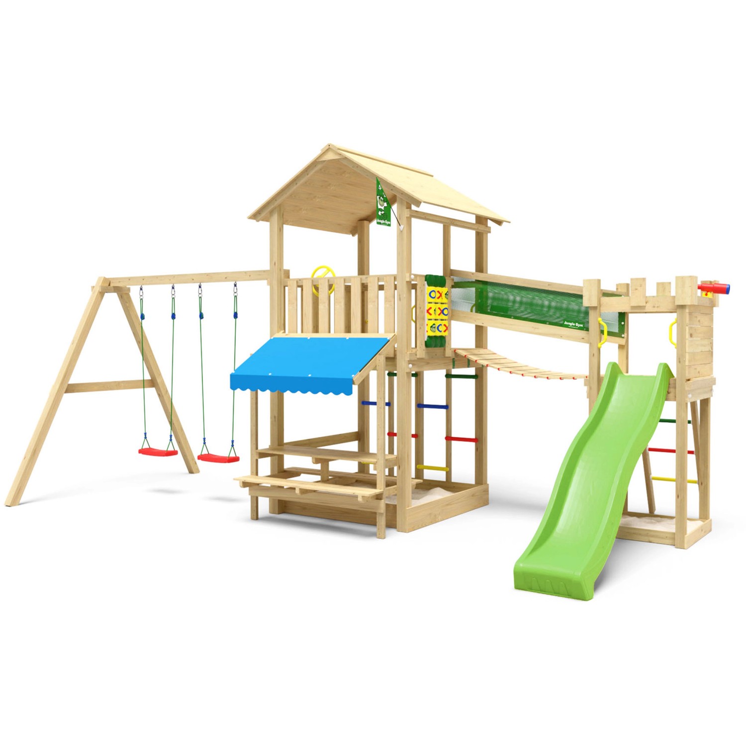 Jungle Gym Spielturm Cascade Holz Picnic m. 2 Schaukeln Brücke Rutsche Hell günstig online kaufen