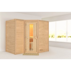 Karibu Sauna Steena 2 und Natur aus Fichte mit Glastür und Bänken.